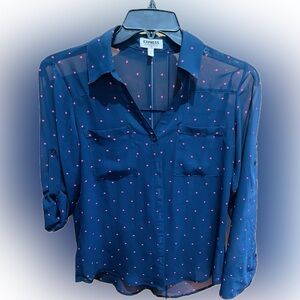 Express Portofino Sheer Navy Blouse with Pink Hearts
